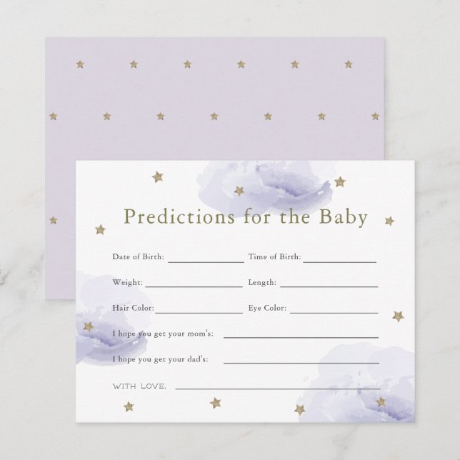 Gold Star & Lavender Cloud Baby Predictions Card Einladung (Vorne/Hinten)