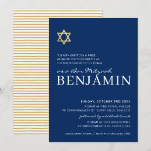 GOLD STAR Moderne Bar Mitzvah Minimal Marine Weiß Einladung