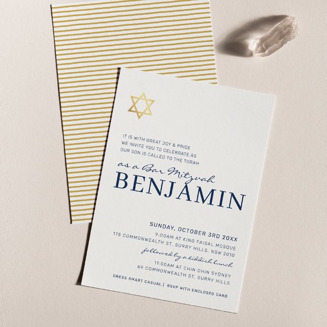 GOLD STAR Moderne Bar Mitzvah Minimalblau Einladung (Von Creator hochgeladen)
