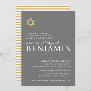GOLD STAR Moderne Bar Mitzvah minimalgrau Einladung