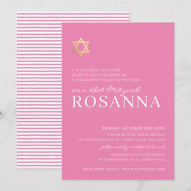GOLD STAR Modernes Bat Mitzvah minimal hübsch rosa Einladung (Vorne/Hinten)