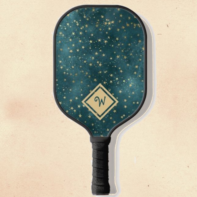 Gold Star Muster mit Gold Monogram Initial Pickleball Schläger (Von Creator hochgeladen)