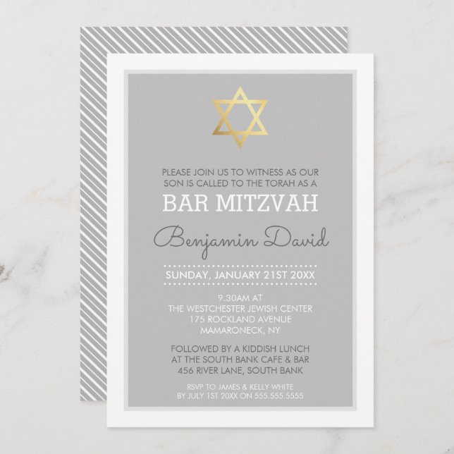 GOLD STAR OF DAVID Bar mitzvah Modernes, einfaches Einladung (Vorne/Hinten)
