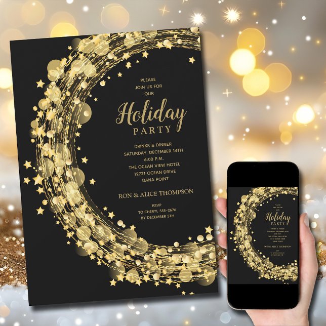 Gold Star Wreath on Black Christmas Holiday Einladung (Gold star wreath on black holiday Christmas invitations, PRINTED and/or INSTANT DOWNLOAD)