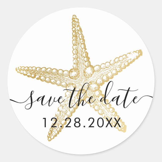 Gold Starfish Beach Hochzeit Save the Date Siegel Runder Aufkleber (Vorderseite)