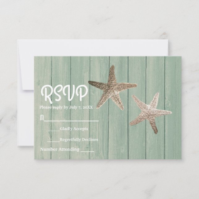 Gold Starfish & Wood Elegante Beach RSVP Card Karte (Vorderseite)