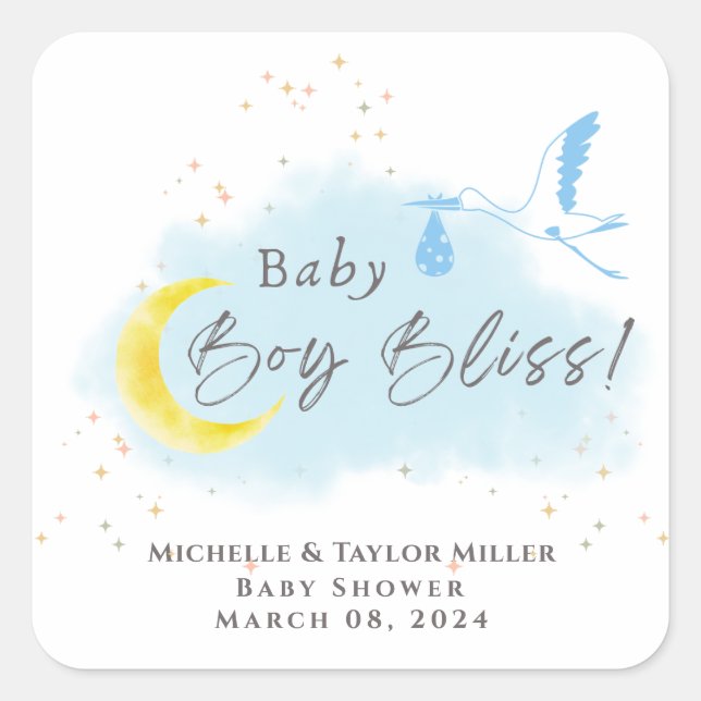 Gold Starlit Baby Boy Bliss Stork Sonderlieferung Quadratischer Aufkleber (Vorderseite)