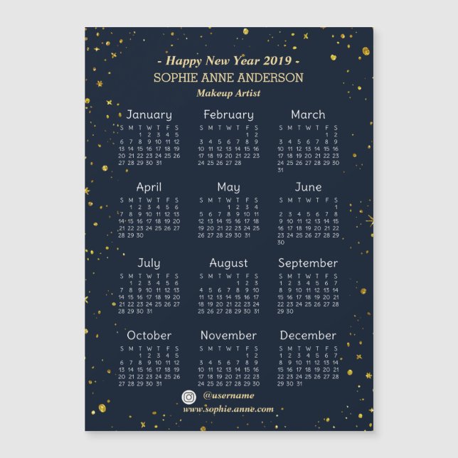 Gold Starry Night Navy Makeup Artist Mini Calendar Magnetkarte (Vorderseite)