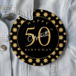 Gold Stars 50th Birthday Custom Name Button
