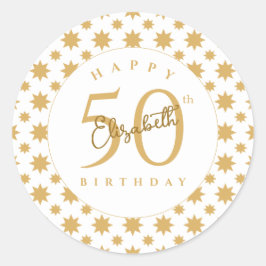Gold Stars 50th Birthday Custom Name Runder Aufkleber