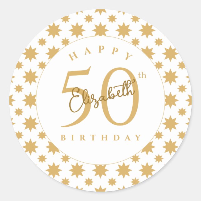 Gold Stars 50th Birthday Custom Name  Runder Aufkleber (Vorderseite)