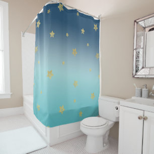 Gold Stars Aqua Blue Ombre Duschvorhang