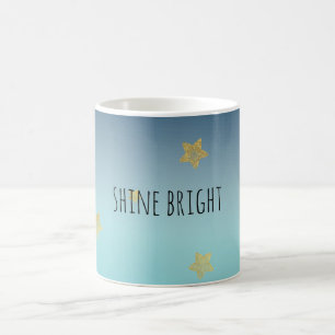 Gold Stars Aqua Blue Ombre personalisiertes Zitat Kaffeetasse
