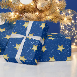 Gold-Stars auf Blau mit Schneeflocken-Papier Geschenkpapier
