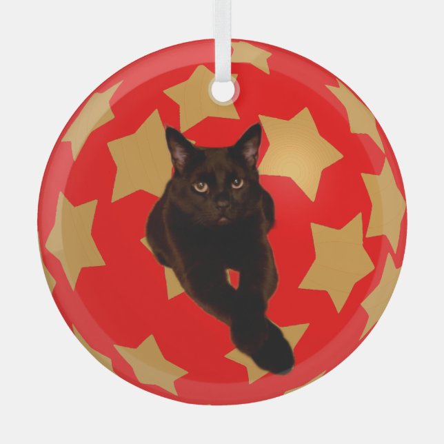 Gold Stars auf Rot mit Black Cat's Foto Ornament Aus Glas (Vorderseite)