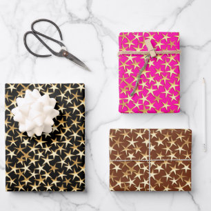 Gold Stars auf schwarz, Hot Pink und Schokolade br Geschenkpapier Set