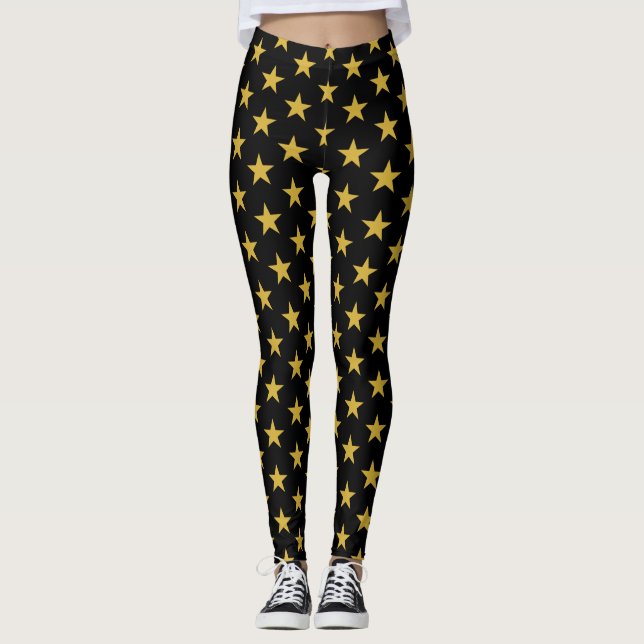 Gold Stars auf schwarzen Leggings (Vorderseite)