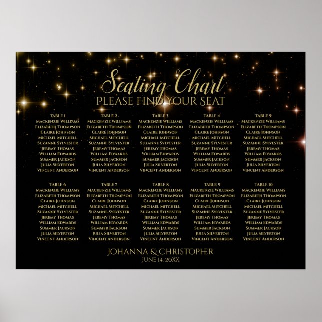 Gold Stars Black 10 Table Wedding Seating Chart Poster (Vorne)