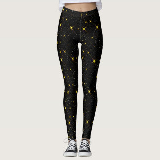 Gold Stars Black Sky Trendy Starry Pattern Leggings