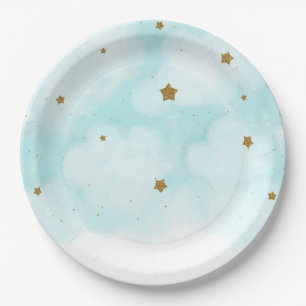 Gold Stars & Blue Sky Clouds Baby Dusche Party Pappteller