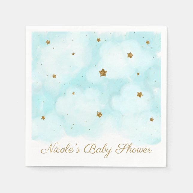 Gold Stars & Blue Sky Clouds Baby Dusche Party Serviette (Vorderseite)