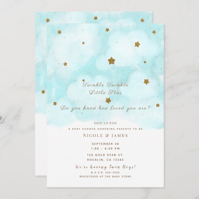 Gold Stars & Blue Sky Clouds Baby Showwwins Einladung (Vorne/Hinten)