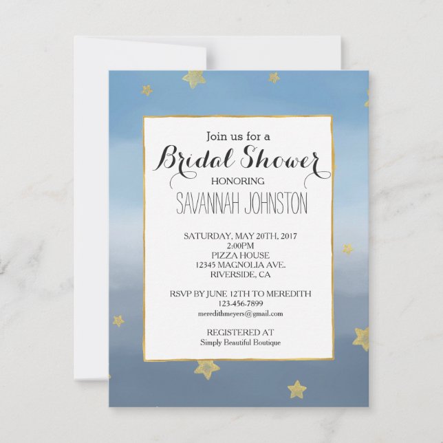 Gold Stars Blue Watercolor Sky Brautparty Einladung (Vorderseite)