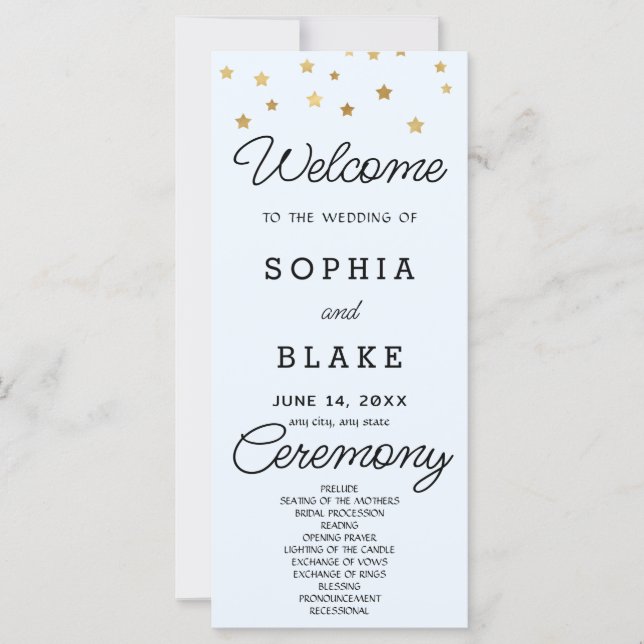 Gold Stars Celestial Light Blue Wedding Program (Vorderseite)