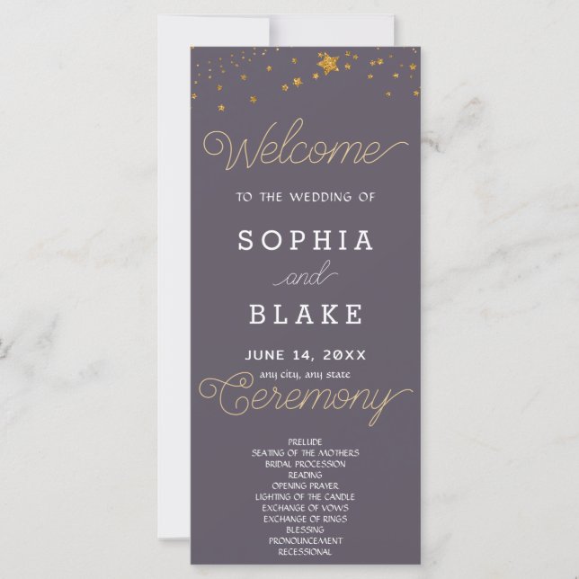 Gold Stars Celestial Smoke Gray Wedding Program (Vorderseite)