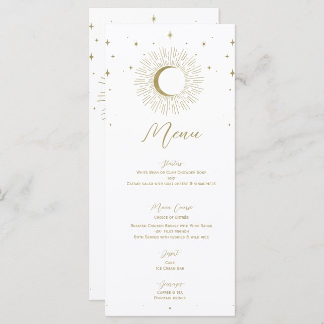 Gold Stars Celestial Sunburst Moon Wedding Menu Menükarte (Vorne/Hinten)