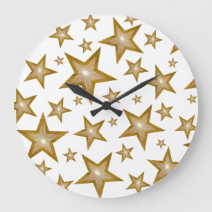 "Gold" Stars clock round white Große Wanduhr