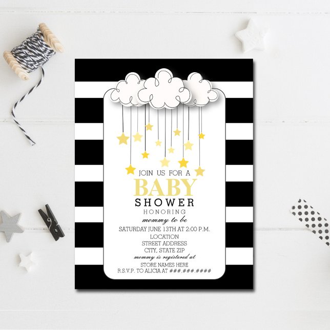 Gold Stars Cloud Black + White Neutral Baby Dusche Einladung (Von Creator hochgeladen)
