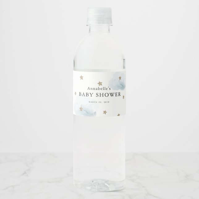 Gold Stars & Clouds Baby Dusche Wasser Flasche Eti Wasserflaschenetikett (Vorderseite)