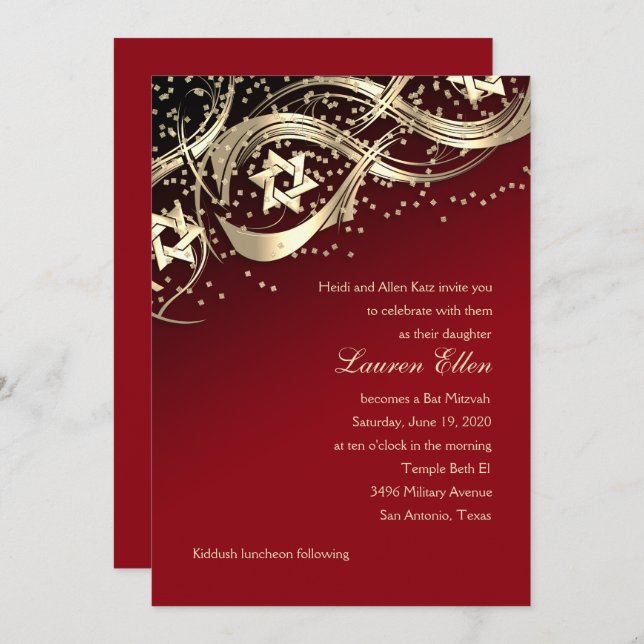 Gold Stars Confetti Blühe Bat Mitzvah Black Einladung (Vorne/Hinten)