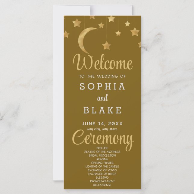 Gold Stars Crescent Moon Gold Wedding Program (Vorderseite)