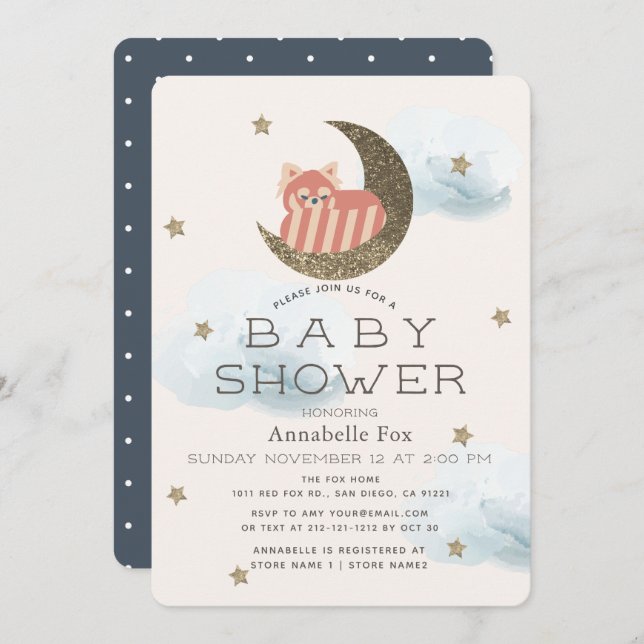 Gold Stars & Crescent Moon Red Panda Baby Dusche Einladung (Vorne/Hinten)