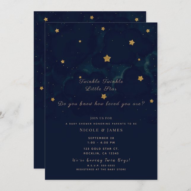 Gold Stars Dark Blue Night Sky Baby Duschtwins Einladung (Vorne/Hinten)