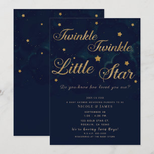 Gold Stars Dark Blue Night Sky Baby Duschtwins Einladung