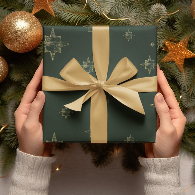 Gold Stars | Deep Green | Weihnachtsgeschenke Geschenkpapier (Von Creator hochgeladen)