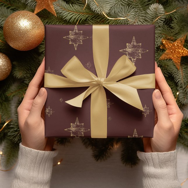 Gold Stars | Frohe Weihnachten Burgundy Geschenke Geschenkpapier (Von Creator hochgeladen)