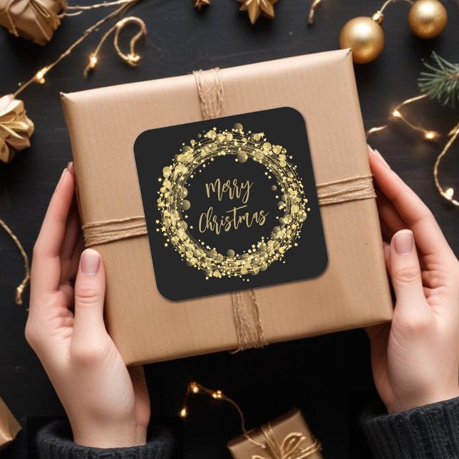 Gold Stars Frohe Weihnachten Quadratischer Aufkleber (Merry Christmas twinkling gold stars square stickers)