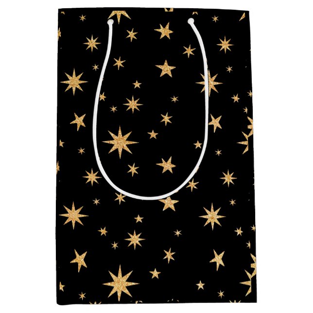 Gold Stars Geschenktasche - Schwarzer Hintergrund Mittlere Geschenktüte (Vorderseite)