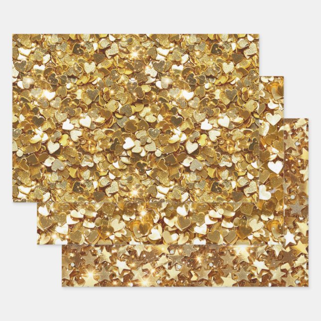 Gold Stars Hearts Confetti Geschenkpapier Set (Set)