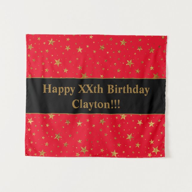 Gold Stars mit Botschaft am roten Geburtstag Wandteppich (Vorderseite (Horizontal))