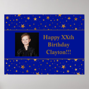 Gold Stars mit Message Foto auf Blue Birthday Poster