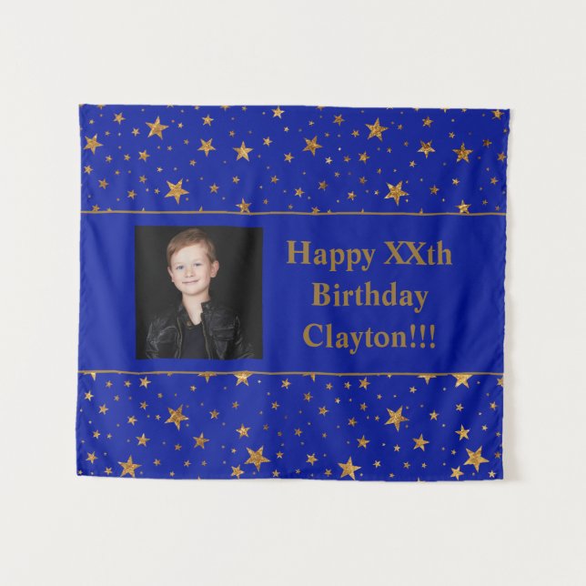 Gold Stars mit Message Foto auf Blue Birthday Wandteppich (Vorderseite (Horizontal))