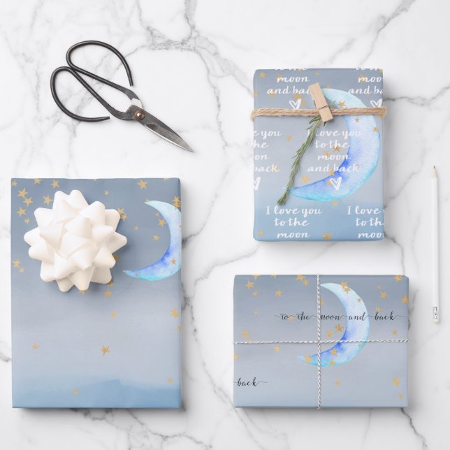 Gold Stars Moon Blue Ombre Geschenkpapier Set (Vorderseite)