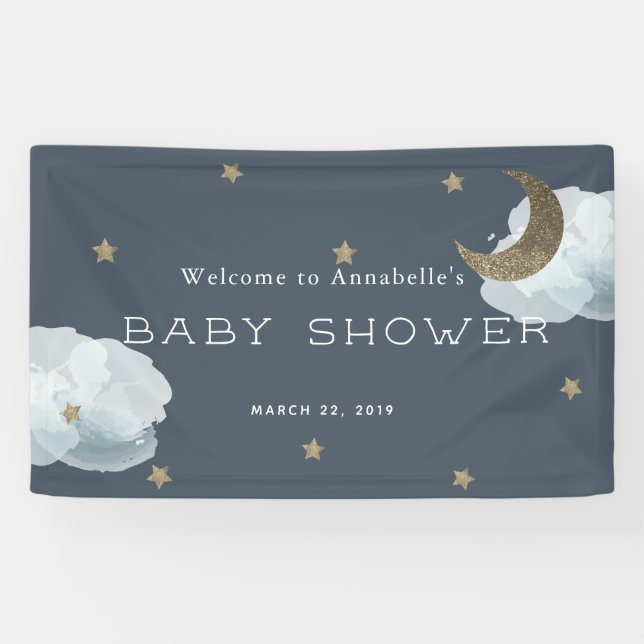 Gold Stars Moon Cloud Navy Blue Baby Shooting Bann Banner (Horizontal)