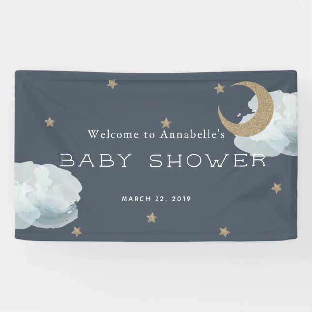 Gold Stars Moon Cloud Navy Blue Baby Shooting Bann Banner (Horizontal)