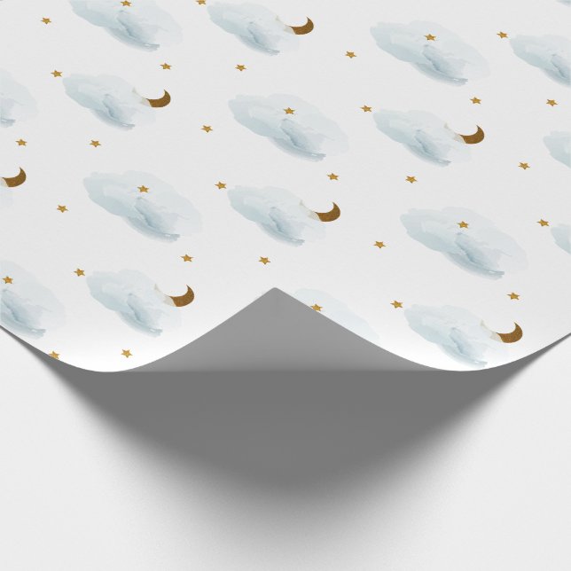 Gold Stars, Moon & Fluffy Clouds Wrapping Paper Geschenkpapier (Ecke)